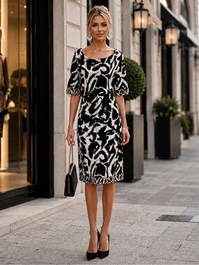 Style & Co Black Cream Abstract Print Dress Size Small